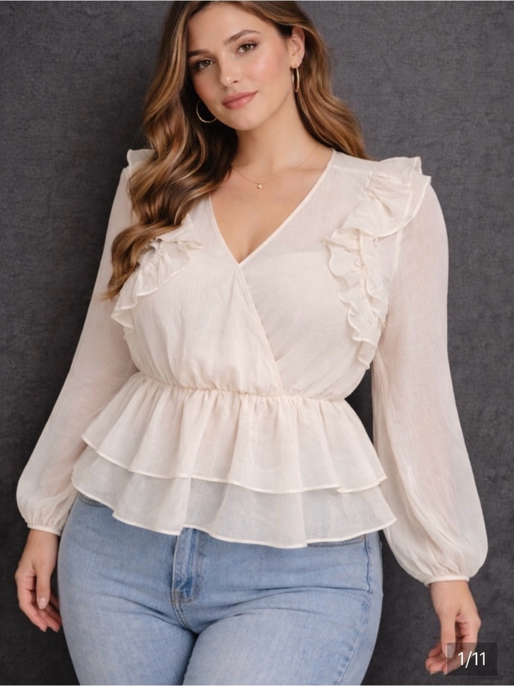Light Cream Ruffle Peplum Blouse